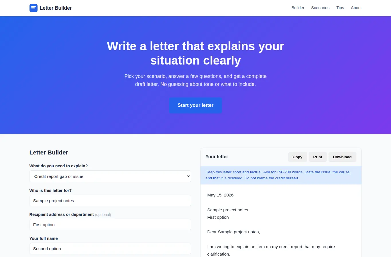 Screenshot of Letter of Explanation Builder interface showing the project page in use